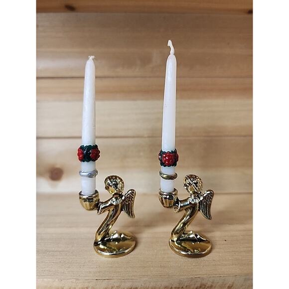 Two Miniature Pewter Angel Candleholders 1 7/16 Inches High - Picture 1 of 5